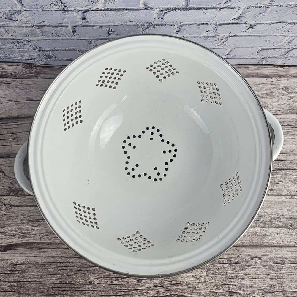 White Enamel Colander 10" Metal Strainer Silver Trim