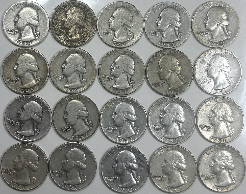 20 SILVER WASHINGTON QUARTERS-Various Mints/years all different-- Half a Roll