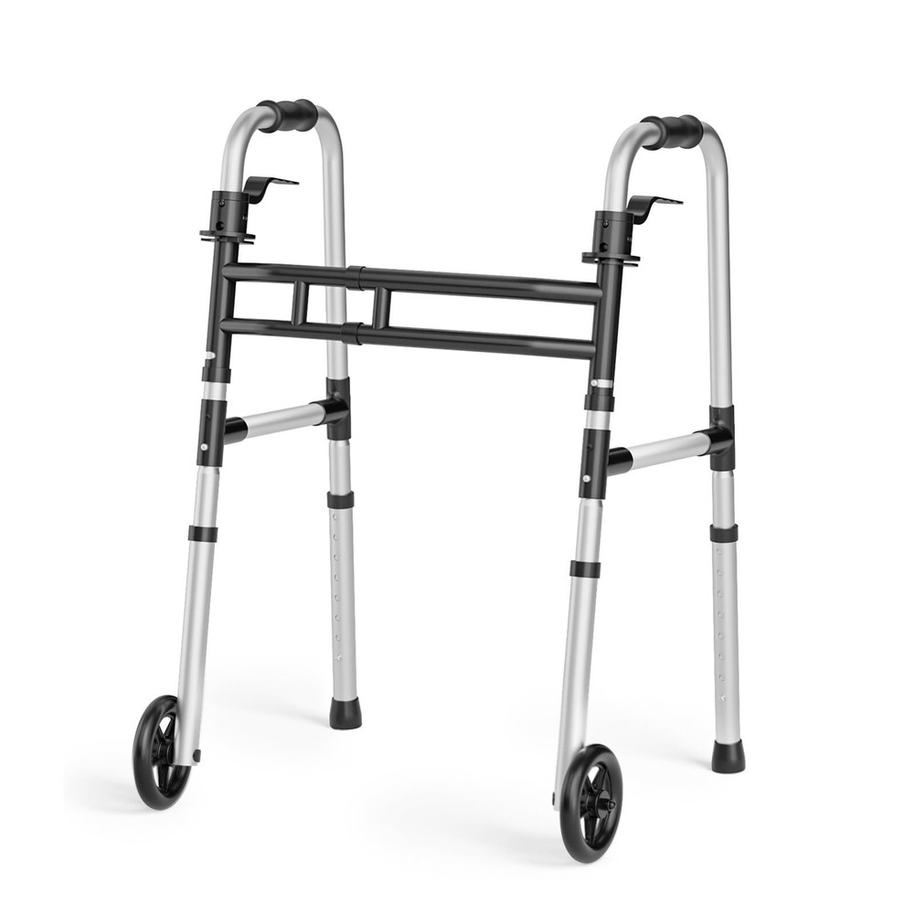 Lightweight Folding Walker for Seniors, Adjustable Height & Width, 5'' Front Whe