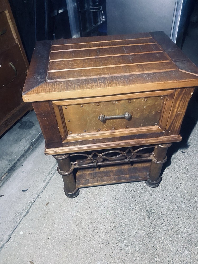 Rustic Solid Wood End Table w/ Storage Drawer & Brass Front – Vintage Spanish