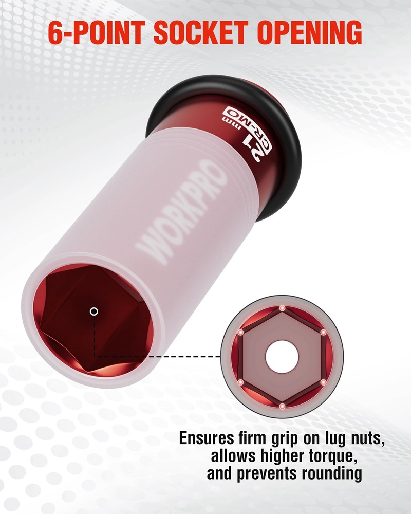 WORKPRO 1/2" Drive Lug Nut Impact Duty Socket 6 Point 21mm Deep Thin Wall Socket