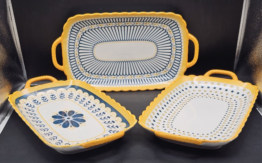 Beautiful  Set of 3 Double Handle Rectangular  Ceramic Serving Trays