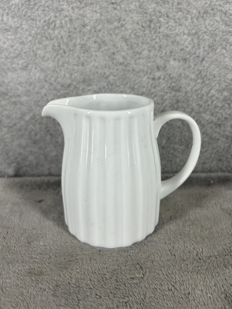 Crate & Barrel White Ribbed Ceramic Mini Pitcher 4” High