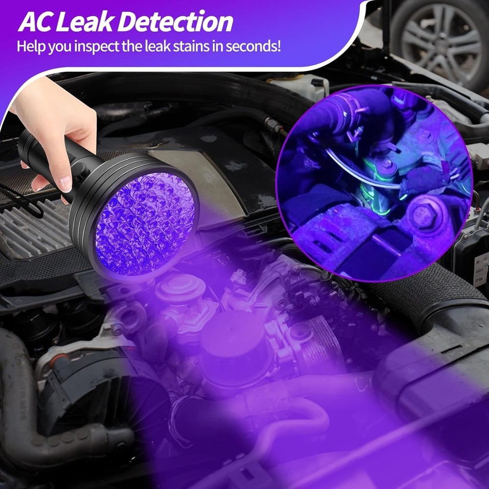 Professional UV Leak Detector Flashlight - 68 LEDs, Includes Glasses, 20 Hours