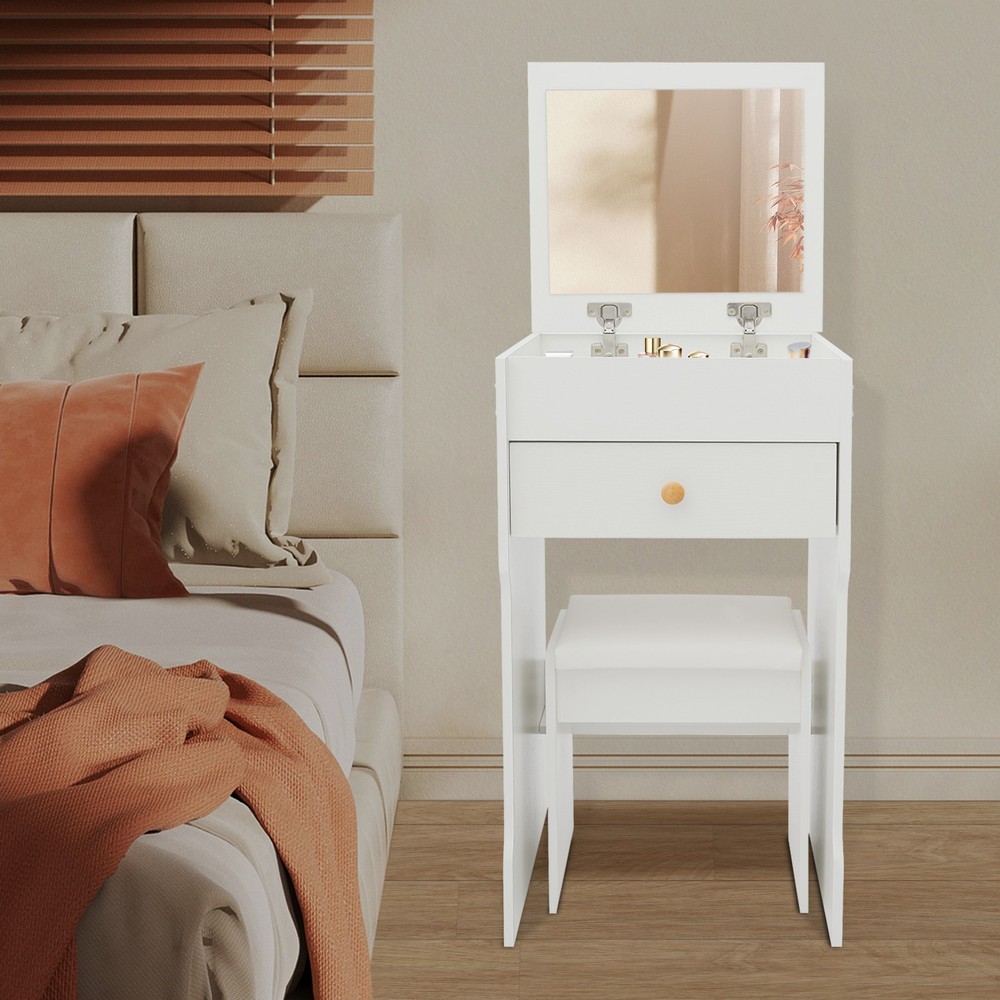 Vanity Table With Mirror, Compact Makeup Vanity W/ Storage Compartments & Stool