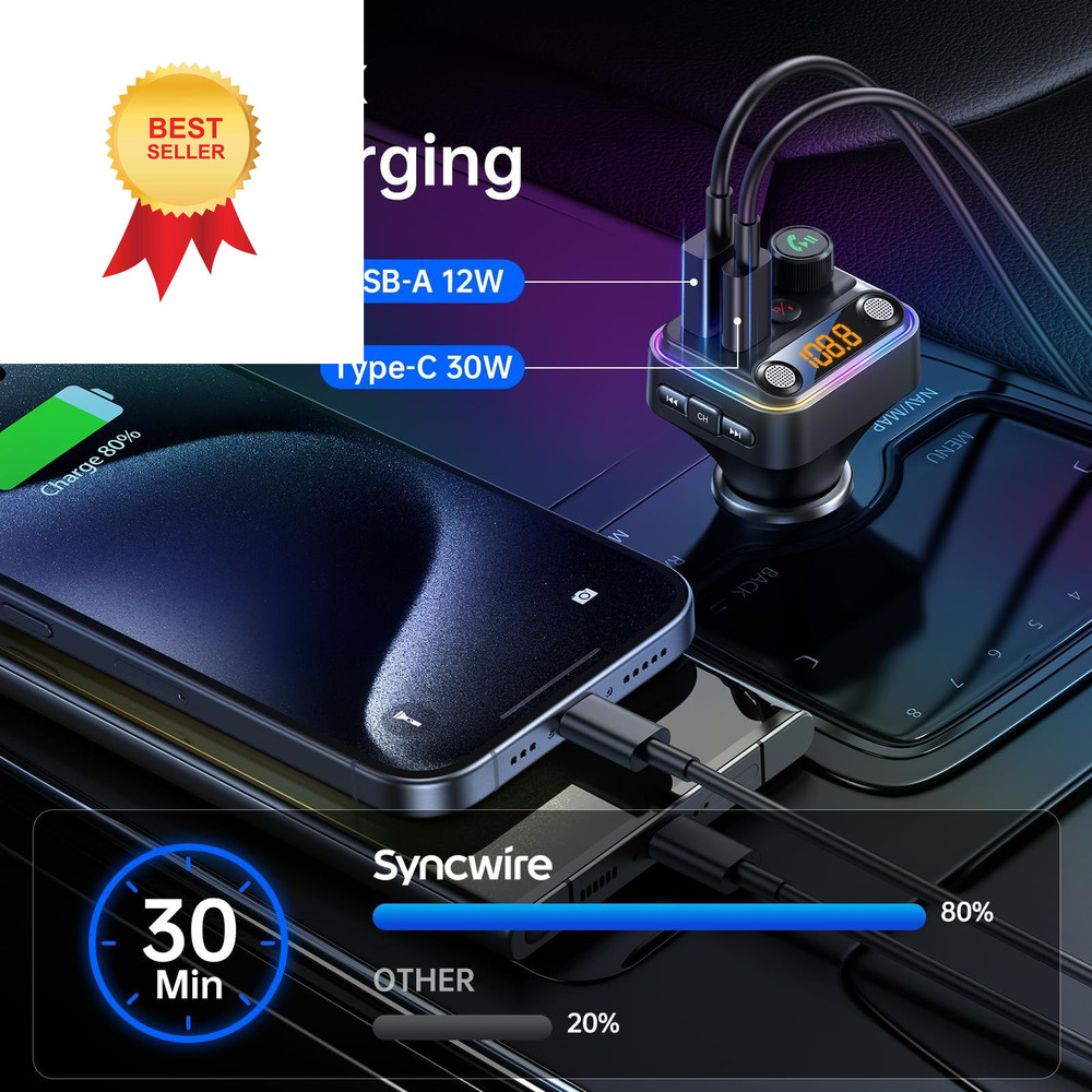 Syncwire Bluetooth 5.4 FM Transmitter Car Adapter 42W [Light Small, Black