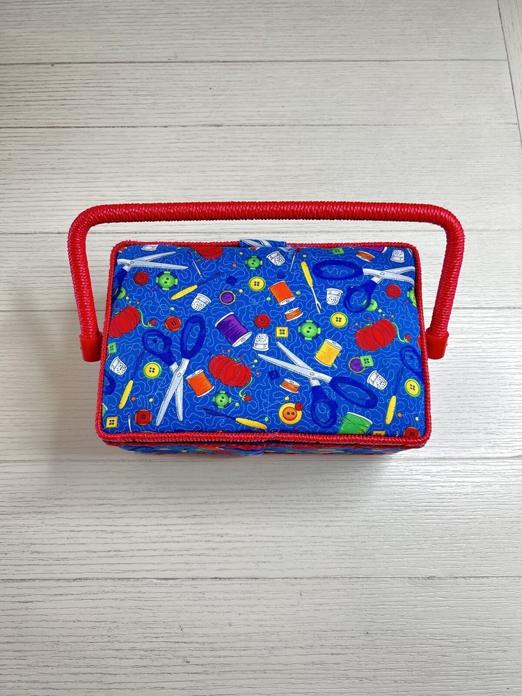 Sewing Basket Fabric Covered Red Trim And Handle