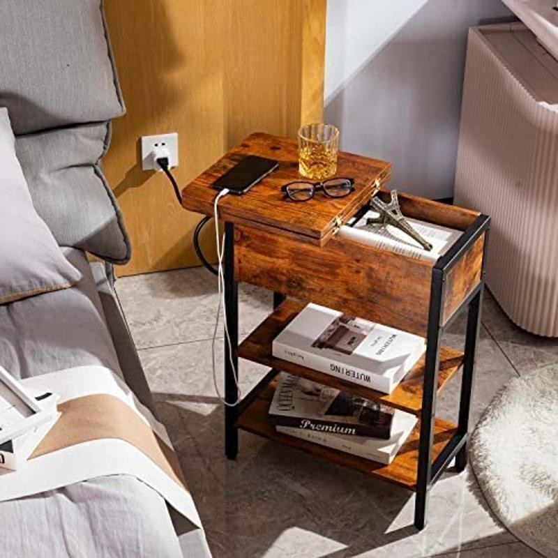 Rustic End Table W/ USB Charging Station & Storage Shelf Assembly Required
