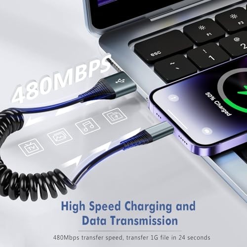 Coiled Lightning Cable 2 Pack MFi Certified Car iPhone Charger Cable，USB 3FT