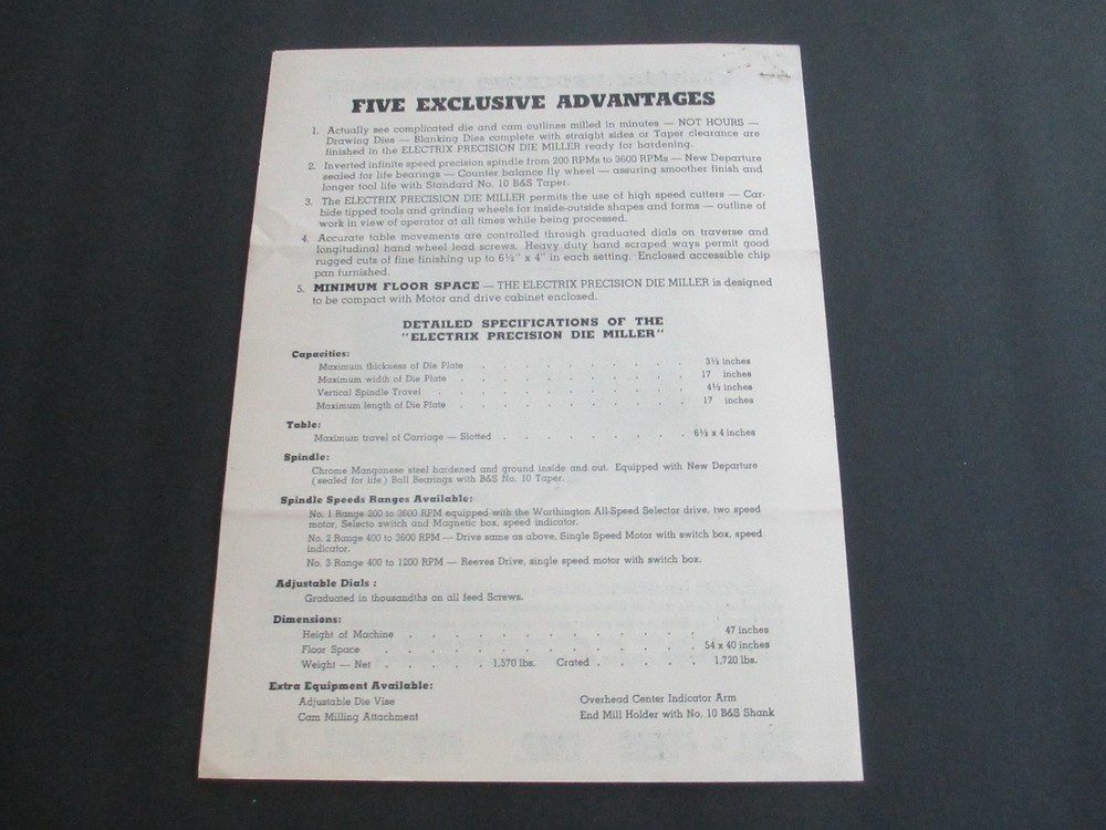 Electrix Precision Die Miller Machine Brochure Spec 8 pages B59