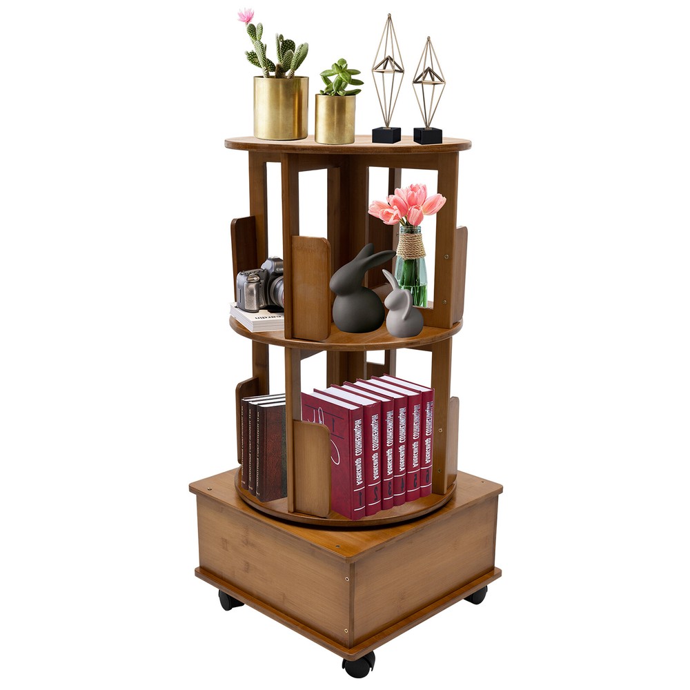 Rotating Bookshelf Swivel Storage Table Bookcase Side Table with Rolling Wheels