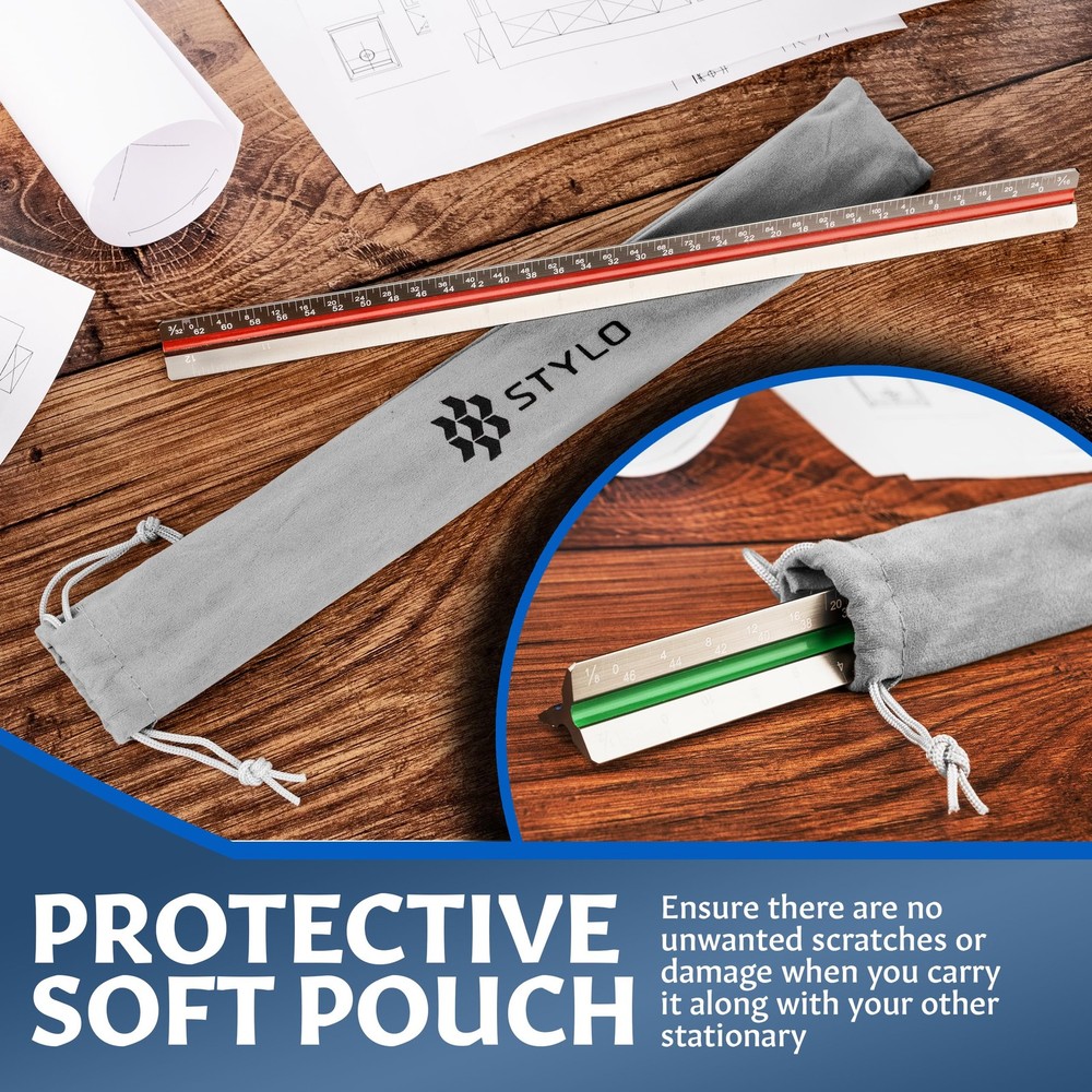 12" Aluminum Architect Scale Ruler Laser Etched Triangle Drafting Ruler, Colo...