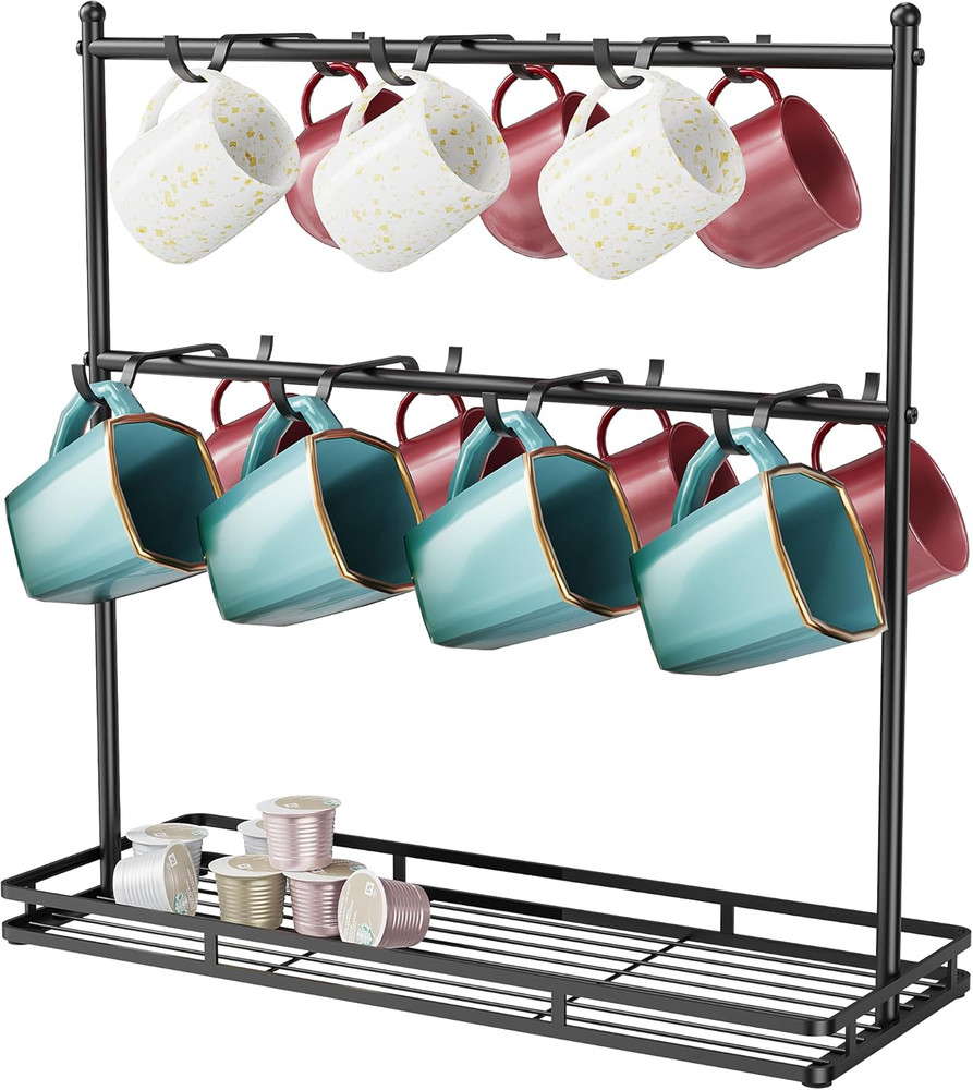 Coffee Mug Holder for Countertop, 14-Hook Mug Tree Rack for 14 Cups, 2 Tier Mug