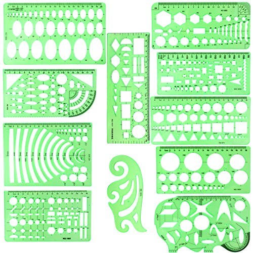 11PCS Geometric Drawings Templates, Drafting Stencils Measuring Tools,