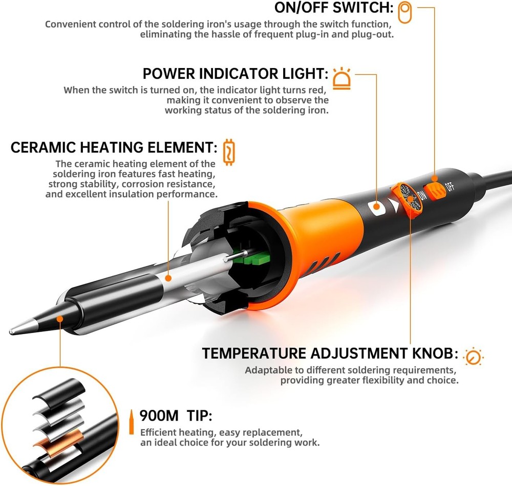 60W Adjustable Temperature Soldering Iron Kit with 5 Tips & Solder Wire