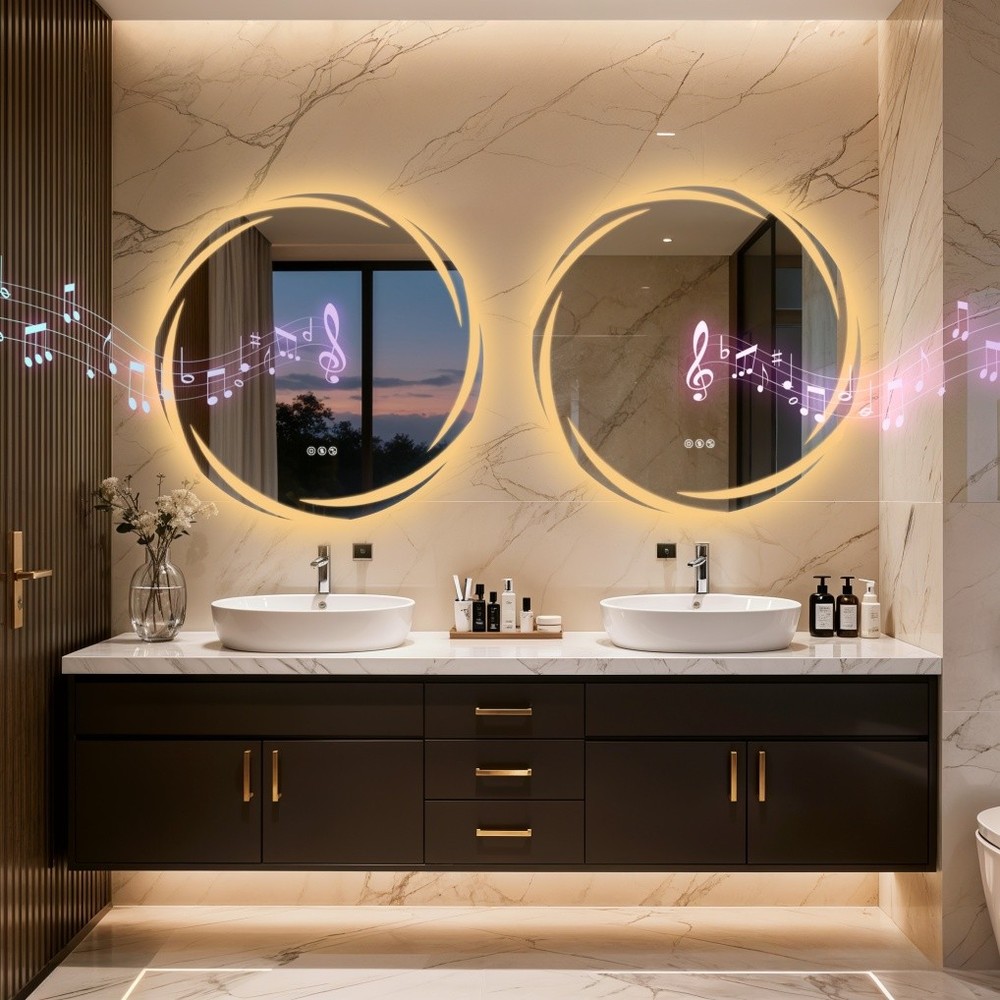 32" Smart LED Bathroom Mirror Wall-Mounted with Bluetooth Speaker Dimmable Round