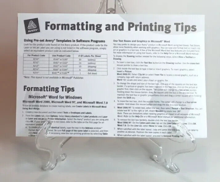 2001 Avery Dennison Label Formatting and Printing Tips Sheet