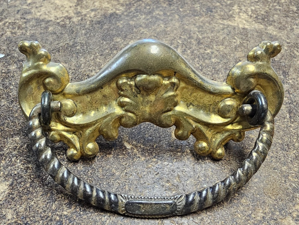 3 Antique Stamped Brass Drawer Pulls Handles Back Plates