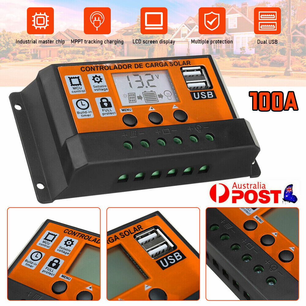 100A MPPT Solar Power Panel Regulator Charge LCD Controller 12/24V Dual USB