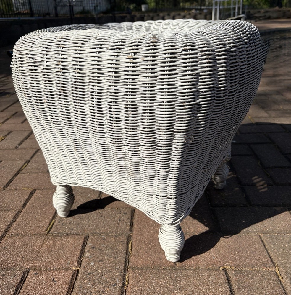 Vintage Victorian Boho White Wicker Ottoman Stool