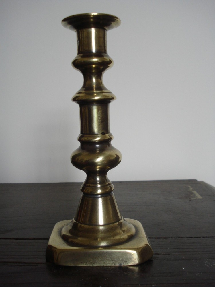 ANTIQUE 19TH C BRASS BALUSTER STEM CANDLESTICK WITH EJECTOR 2