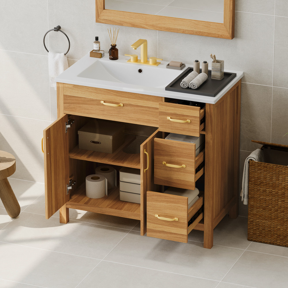 36" Wood Bathroom Vanity with Solid Wood Frame, 2 Soft Close Doors, 3 Soft Clo