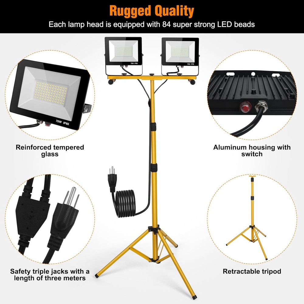 LED Work Lights with Stand, 21000 Lumen, 2-Head Adjustable Work Light