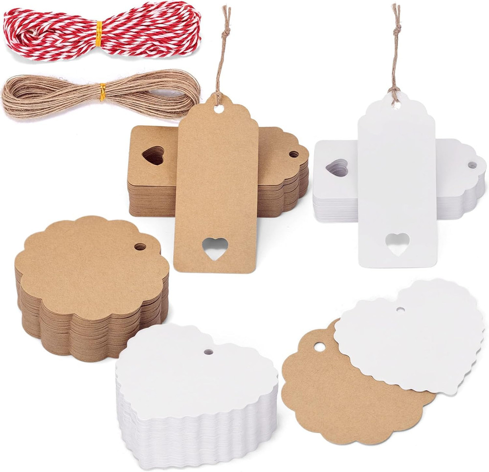200Pack Gift Tags with String Attached, 3 Different Designs White and Brown Blan