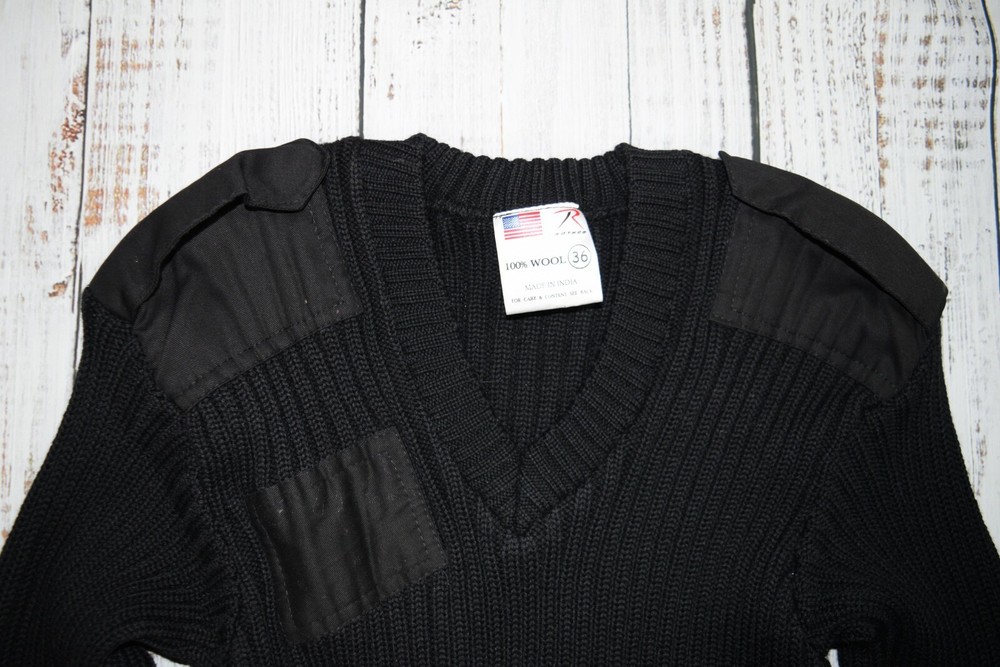 ROTHCO GI COMMANDO STYLE BLACK SWEATER PATCHED 100% WOOL PULLOVER OD SIZE 36 MEN