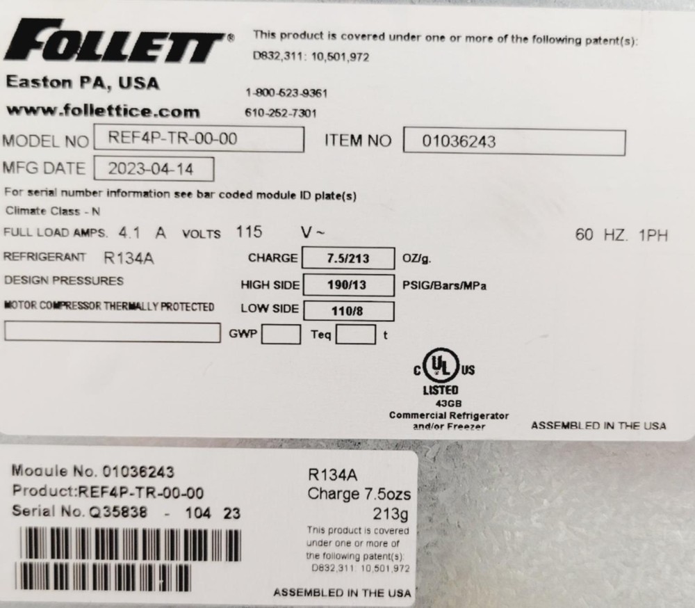 Follett Performance Plus REF4P-TR-00-00 Undercounter Refrigerator DEMO