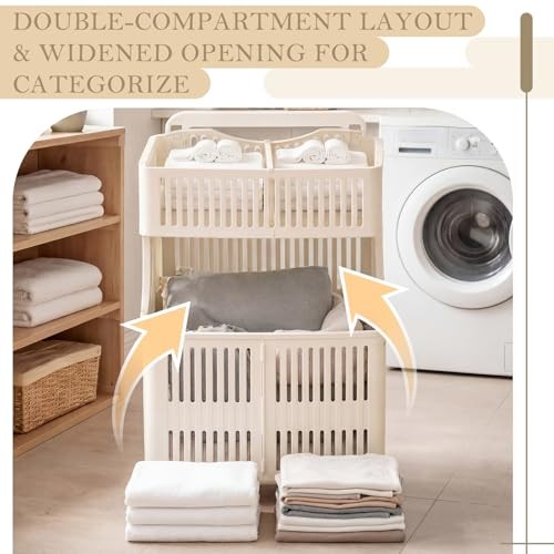 Foldable 2-tier Plastic Laundry Basket with Wheels and Handle 43.8 L Double