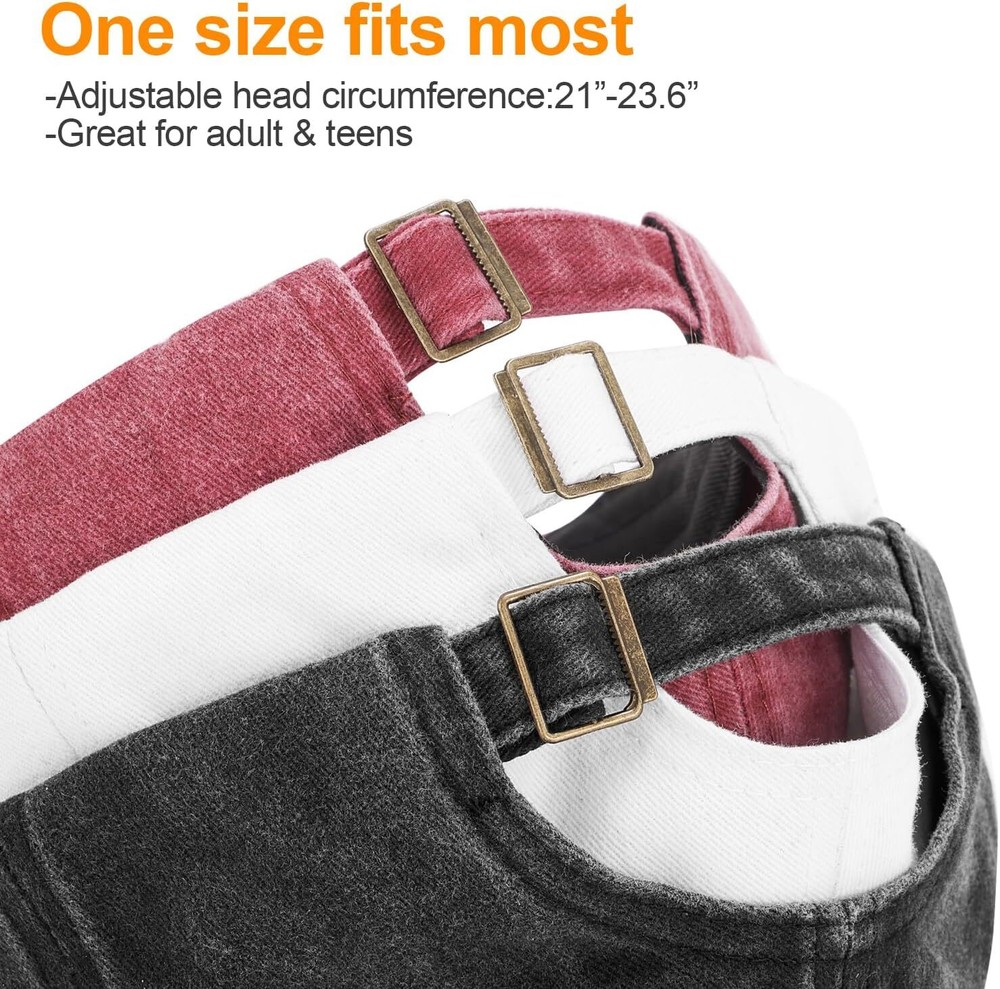 3 Pack Washed Plain Baseball Cap, Retro One Size, Black + White + Wine Red