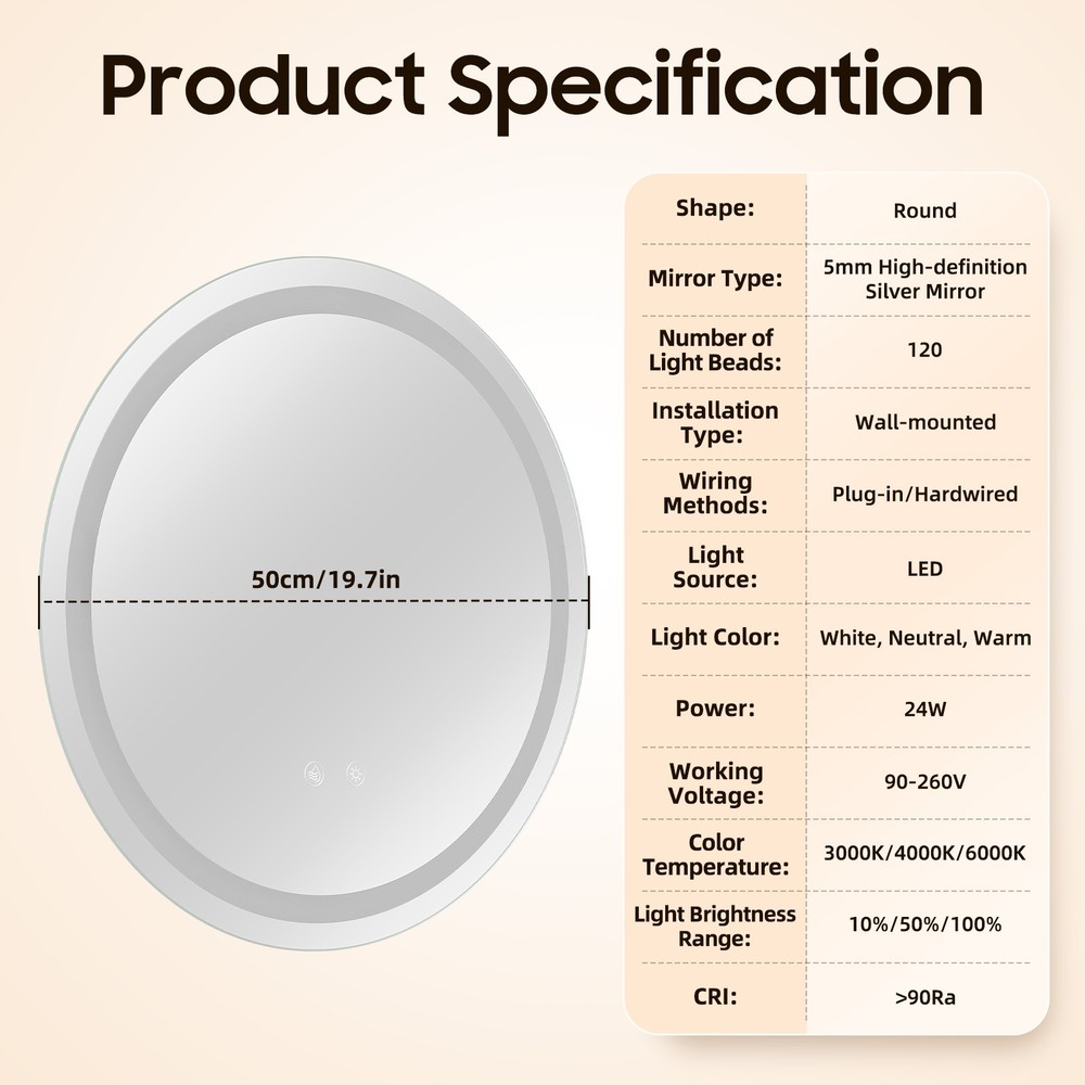 20in Round Lighted Mirror Adjustable LED Bath Vanity Wall-Mounted Touch Anti-Fog