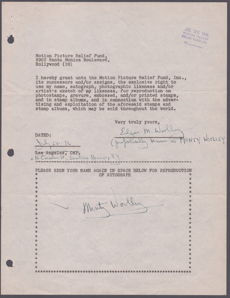 MONTY "THE BEARD" WOOLLEY - DOCUMENT DOUBLE SIGNED 07/22/1946