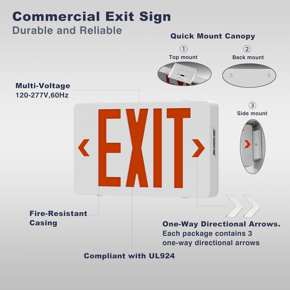 Exit Signs with Emergency Lights,Double Face Exit,Ac 120-277V, Hardwired Exit Si
