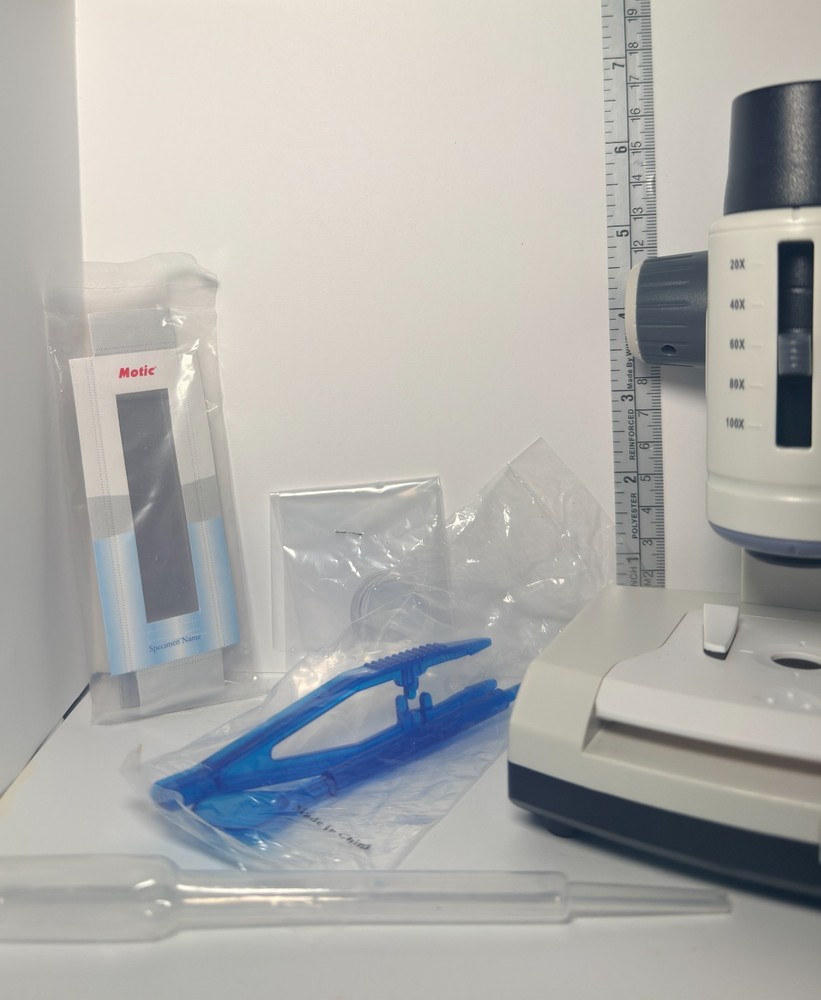 Motic LM-100 Microscope Kit WORKING w Case Sample Slides Tools Student Lab Set