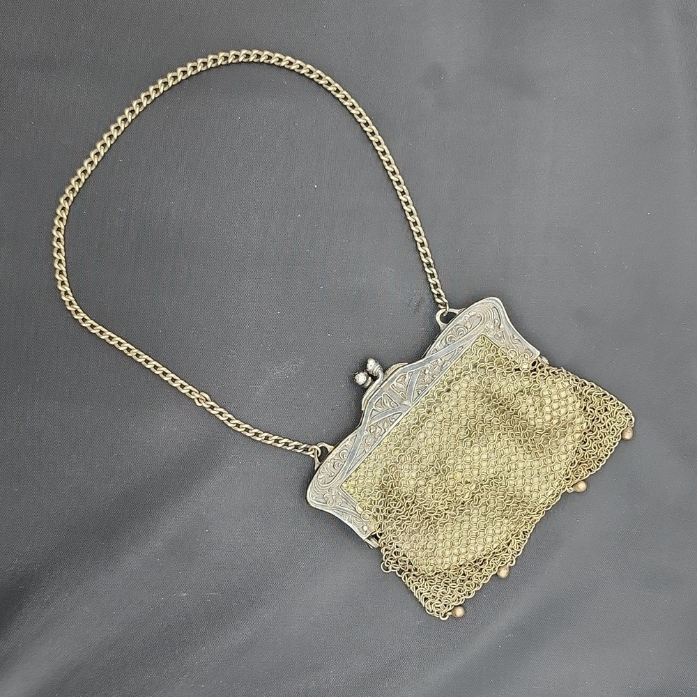 JPR German Silver Mesh Purse with Chain Handle and Ornate Frame