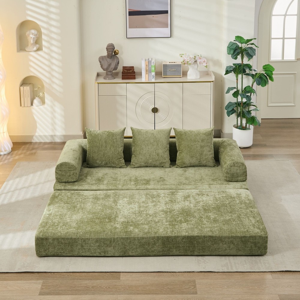Multi-Functional Floor Sofa Convertible Folding Chenille Bed Sofa Couch Green