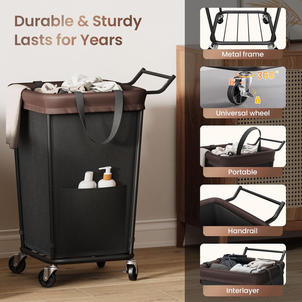 160L Laundry Hamper with Wheels and Handle, 160L, Black-2 Section Handle