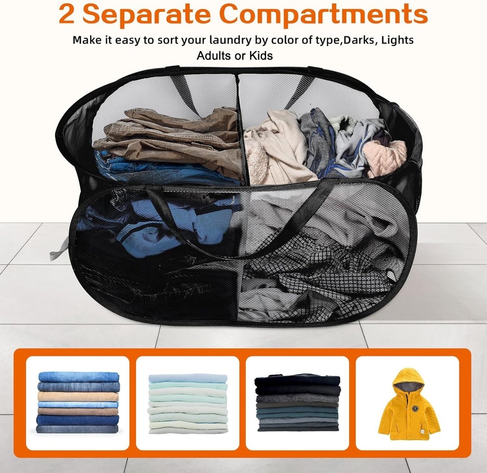 Durable Collapsible Laundry Basket - 2 Compartments for Easy Sorting & Travel