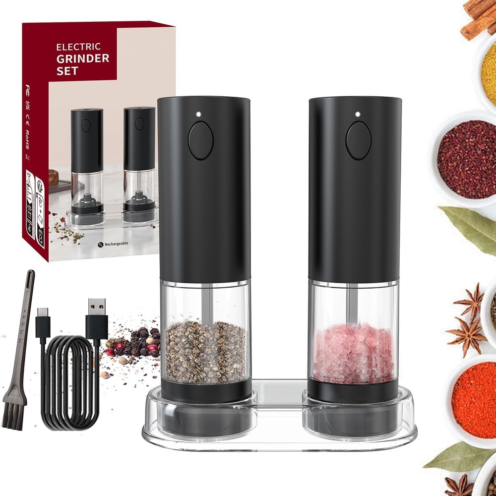 2 Pack Rechargeable Electric Salt Pepper Grinder Set with Storage Base