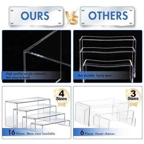 16 Pcs Acrylic Display Risers Set - Clear Rectangular Stands for Cupcakes, Shoes