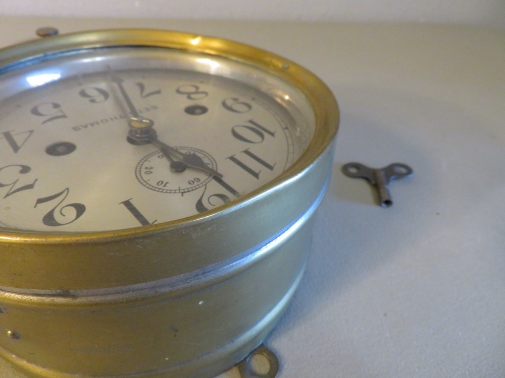 ANTIQUE SETH THOMAS BRASS SHIPS CLOCK WITH EXTERNAL BELL TESTED NICE!