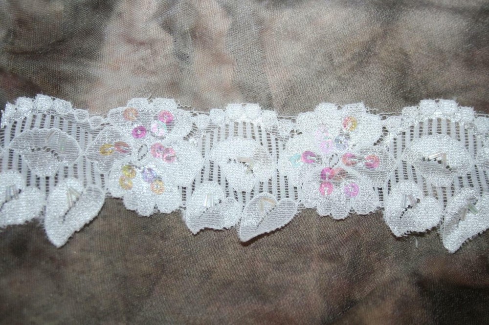 5 yards Solid WHITE leaf stretch lace iridescent sequins bugle beads 2" wide
