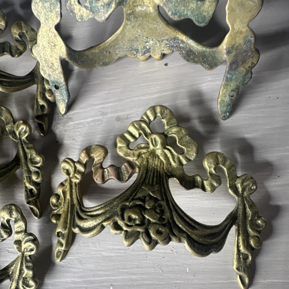 Antique Brass Bail Drawer Pulls Set Ornate Floral Salvage
