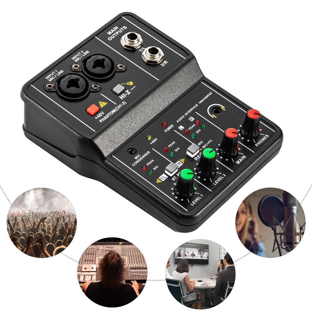 2 Channel Mixing Console Live Studio Audio DJ Mixer Sound Board USB Interface