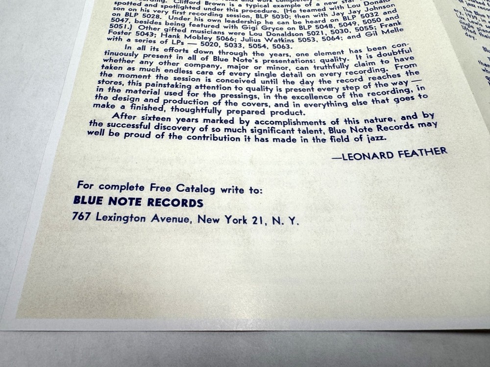 The Blue Note Story. 1950's 10" Blue Note LP Insert. Excellent Color Copy.