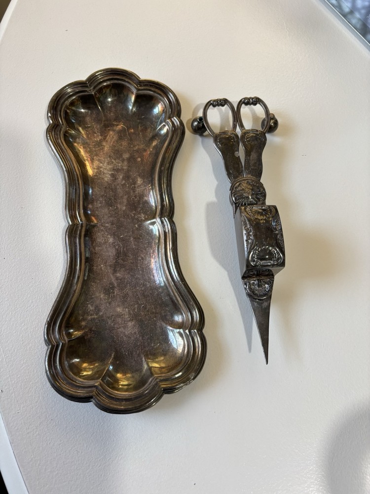Antique Candle Snuffer And Silver Plate Dish