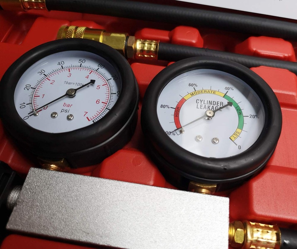 Engine Compression Tester Kit with Dual Gauges and Flexible Hose for Diagnostics
