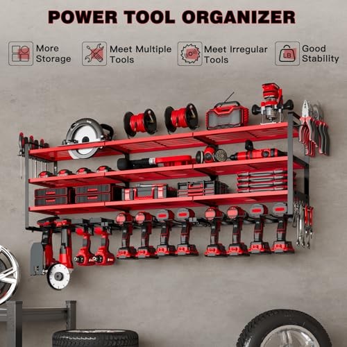 Large Power Tools Organizer Wall Mount,12 Drill Holder for Garage, Workshop Red